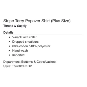 Thread & Supply Stripe Terry Popover Shirt Plus Size‎ White Black V-Neck 1X 1XL thumbnail 4