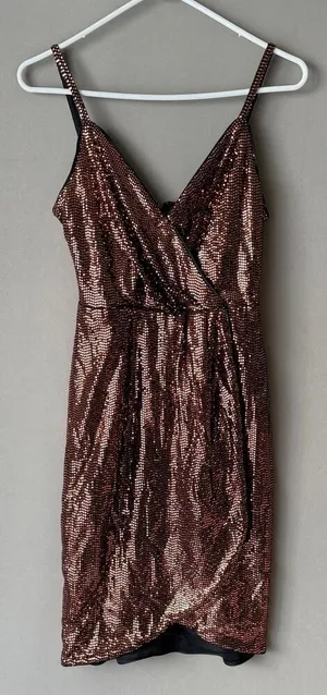 GUESS Moody MobWife Holiday Metallic‎ Sequin Wrap Mini Dress 4 Copper thumbnail 1