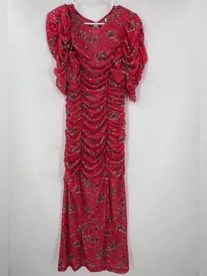 Free People Red Floral Ruched Midi Dress with Puff Sleeves thumbnail 3