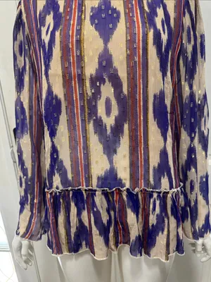 Oliphant Silk & Cotton Purple Ikat Ruffle Hem Long-Sleeve Top Size Large💜 thumbnail 4