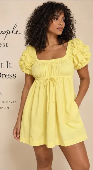 Free People Free-est Flaunt It Yellow Puff Sleeve Mini Dress Size L thumbnail 1