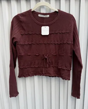 NWT Altar’d State Stevie Ruffle Trim Sweater Medium Chocolate Brown Bow Knit thumbnail 1
