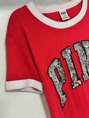 Victoria’s Secret PINK Red White Contrast Trim Sequin Graphic Tee L Ringer Bling thumbnail 3