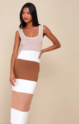 NWT Lulus Easily Gorgeous Ivory and Brown Striped Midi Sweater Dress Casual Sz S thumbnail 1