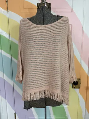 Anthropologie Akemi + Kin Frenchie Cotton Linen Blend Fringe Poncho Sz S 💚🍄 thumbnail 2