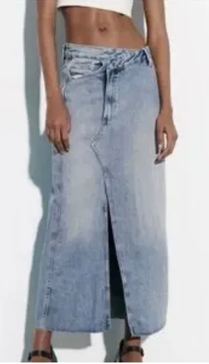Zara TRF Crossover Long Denim Split Front Rough Hem Maxi Skirt Size Small. thumbnail 1