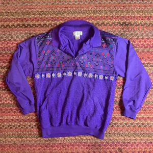 VTG PURPLE FLORAL QUARTER ZIP PULLOVER COLLARED SWEATER thumbnail 1