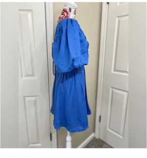Amalie - linen plunge puff sleeve mini linen dress in blue thumbnail 3