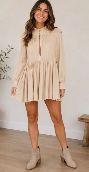 Free People Smocked Neck Long-Sleeve Mini Dress thumbnail 1