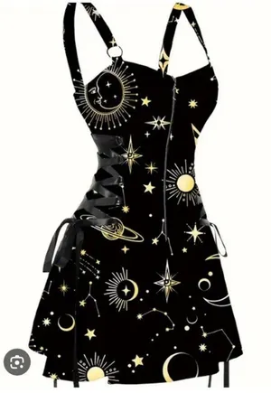 Black Celestial Print Dress Star Moon Lace Up Zipper XL thumbnail 1
