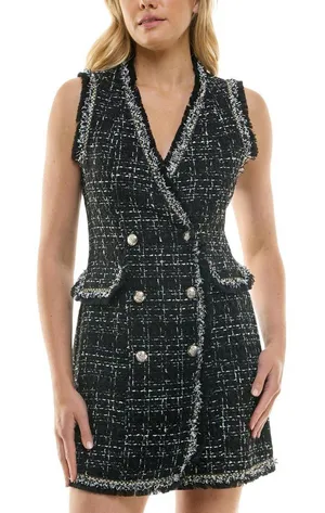 NWT Trixxi Fringe-Trim Boucle Sleeveless Faux Pocket Tweed Dress Black / White S thumbnail 1