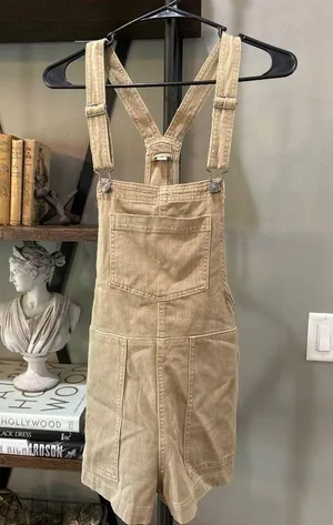 Aerie Werk and Play Denim Short Overalls TAN KHAKI Womens Size XS thumbnail 1