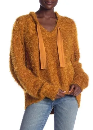 Free People Light As a Feather Fuzzy Eyelash Hoodie Cozy Copper Oversized M thumbnail 1