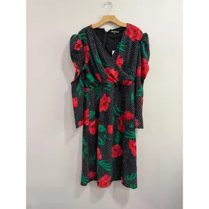 Girl In Mind Alana Puff Shoulder Midi Dress Black Red‎ Floral Polka Dot US 12 thumbnail 3
