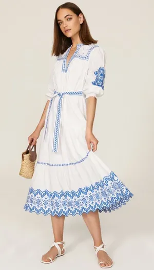 Shoshanna Leilani Dress Optic White Blue Embroidered Midi Dress‎ size 4 thumbnail 1