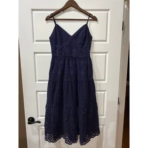 Crown & Ivy Navy Eyelet Midi Dress Sewing Down South Size 4 Preppy Coastal thumbnail 2