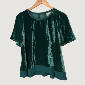Maeve Anthropologie Forest Green Crushed Velvet Sheer Back Top Small thumbnail 3