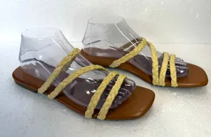 Crown & Ivy Bexley Raffia Flat Sandals Women's 8.5 Braided Straps Yellow Brown thumbnail 1