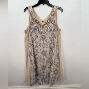 Free People Dress Womens M Beige Beaded Shift Short Sleeveless V-Neck Boho thumbnail 3