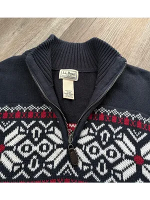 VTG L.L. Bean Cotton Quarter Zip Sweater Red White Navy Fair Isle Cottage Size M thumbnail 5