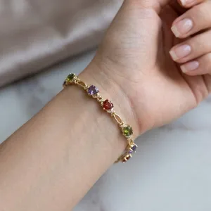 14K Gold Plated XP Multi Color Heart Stone Hugs Kisses Link Bracelet 7.5 Inch thumbnail 1