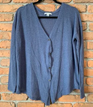AE American‎ Eagle Womens Medium Cardigan Blue Waffle Knit Button Front Sweater thumbnail 1