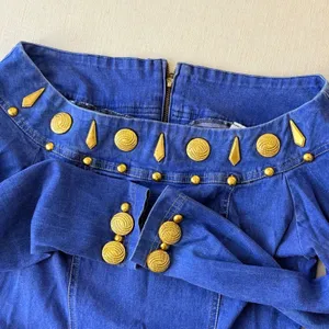 Tower western Denim Midi Dress Womens Medium Off Shoulder Gold Studded vintage thumbnail 7
