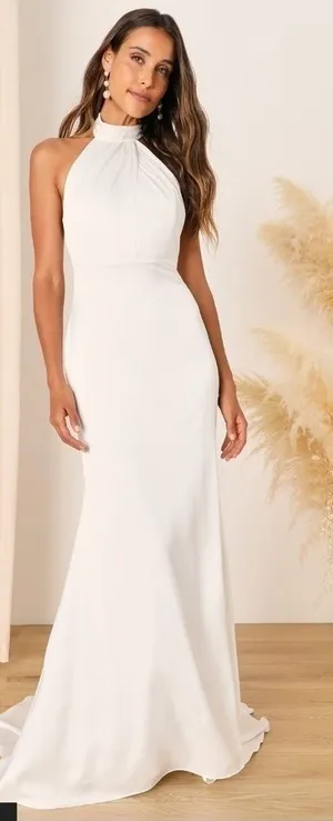 LULU's Bridal Elegant Satin Backless Classy High Neck Mermaid Trumpet Maxi Gown thumbnail 1