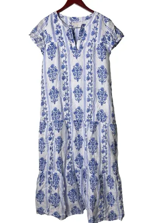 Roller Rabbit white blue Lily Stripe Pamina linen maxi dress sz XS thumbnail 2