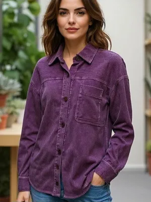 la miel Corduroy Shacket SZ M Purple Button Down Raw Hem Pocket Wide Wale Jacket thumbnail 1