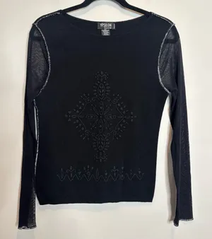 Unique Vintage VTG Ypsilon Donna Black Mesh Sheer Sleeve Top Gothic Ornate Y2K Romantic Goth L thumbnail 1