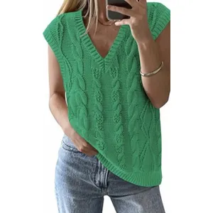 Sweater Vest Oversized V Neck Cable Knit Casual Pullover Green Women’s S thumbnail 2