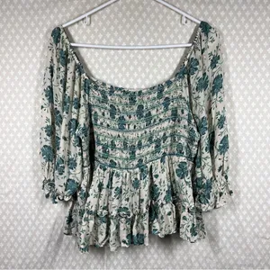 American Eagle Green White Floral Smocked Puff‎ Sleeve Top thumbnail 5
