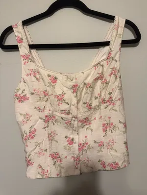 Kirious Pink Floral White Cotton Smocked Crop Tank Top thumbnail 1