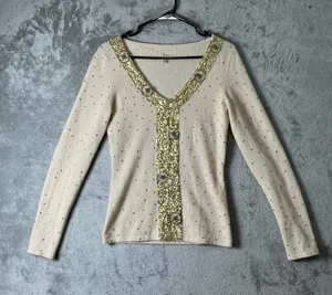 Vintage 100% Cashmere Sequin Beaded Embellished Sweater Medium Ivory Gold Y2K thumbnail 1