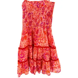 Meet Me In Santorini Pink Floral Smocked Ric-Rac Tiered Mini Dress S Resort thumbnail 2