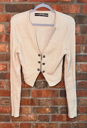 Silence + noise womens Janelle ribbed cropped cardigan sweater cream L thumbnail 1