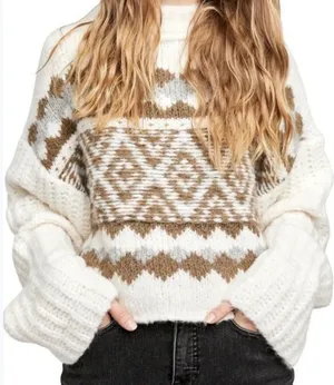 Free People Cream & Brown Patterned Crewneck Sweater thumbnail 1