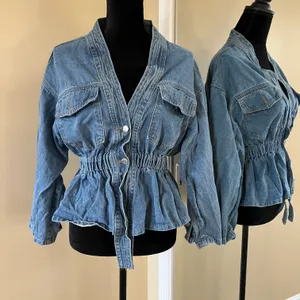 Drop Shoulder Denim Jacket Coat Trench Cardigan Blouse Loose Slim Waist thumbnail 8