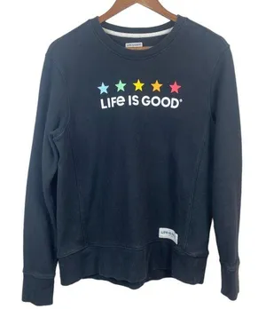 Life Is Good Sweatshirt Small Crewneck Black Stars Graphic Long‎ Sleeve Casual thumbnail 1