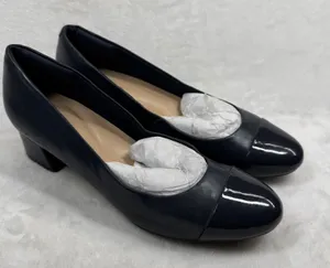 Easy Spirit Navy‎ Blue Leather Cap Toe Low Block Heel Pumps Women's Shoes 7 thumbnail 1