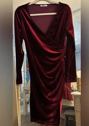 NEW Velvet Wrap V Neck L/S Ruched Cocktail Evening Party Dress L thumbnail 4