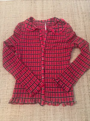 Free People Caught A Feeling Smocked Button-Up Top Shirt Size Large Red Black thumbnail 2