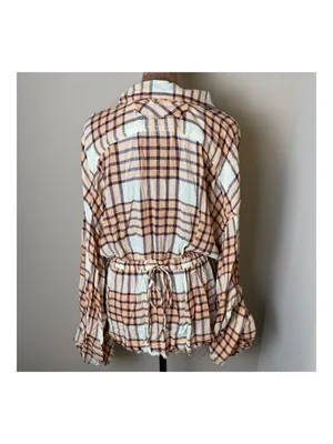 We The Free People Pacific Dawn Plaid Shirt Womens Medium Peach Ivory Boho Top thumbnail 3