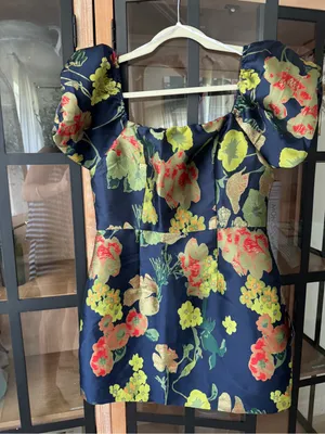 NWT Lulus So Stunning Navy Floral Jacquard Puff short Sleeve Mini Dress cocktail thumbnail 8