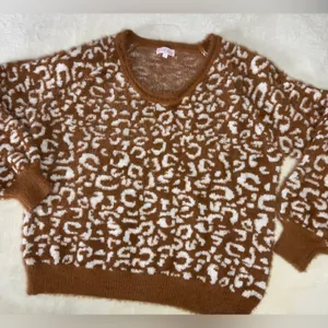 Pink Lily Brown and Cream Crew Neck Sweater with Geometric Pattern thumbnail 1