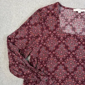 LOFT Women's XL Square Neck Long Sleeve Blouse Top Maroon Floral Paisley thumbnail 3