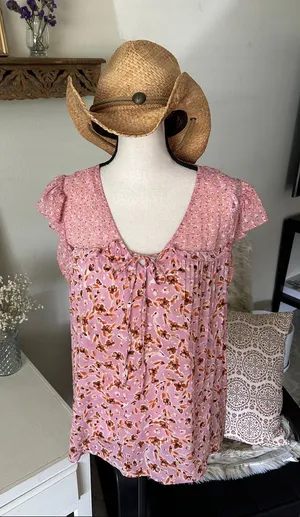 Anthropologie DR pink boho babydoll cottage western floral ruffle tie front top blouse S M thumbnail 1