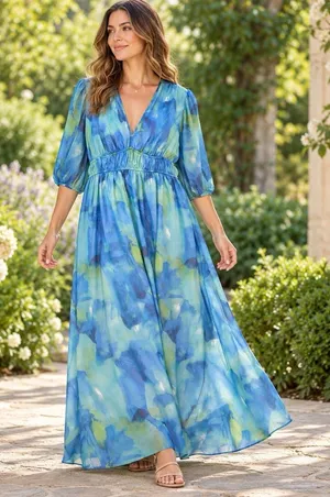 Sissyyaki Women’s XL Blue Green Watercolor Floral V Neck Empire Waist Maxi Dress thumbnail 1