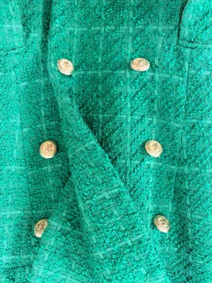 ZARA Green Bouclé Tweed Double Breasted Blazer Gold Button Quiet Luxury Preppy M thumbnail 5